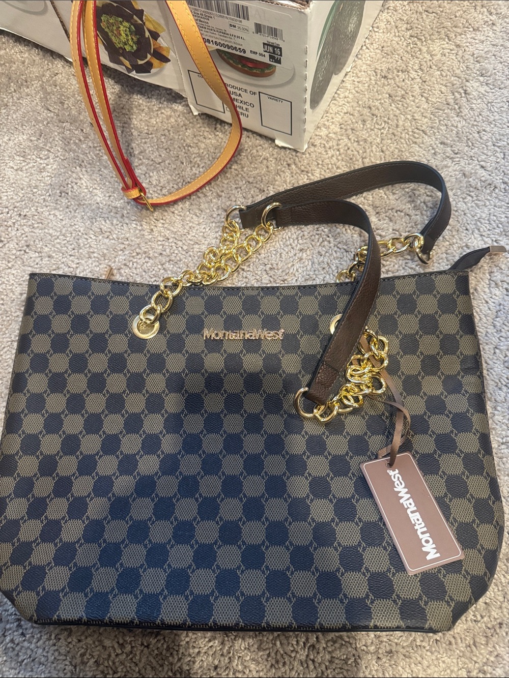 Montana West Navy and Brown Checkered Tote with Gold Chain Details